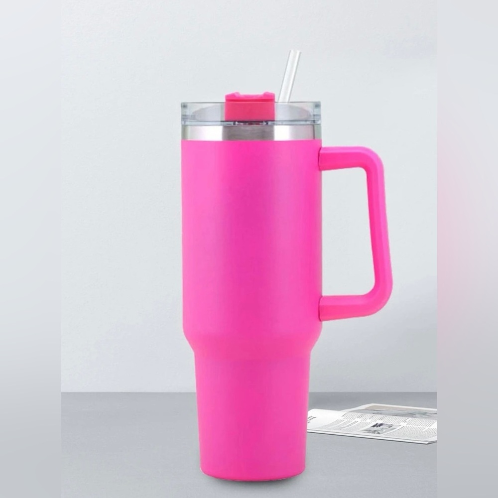 40oz tumbler with handle- bright pink